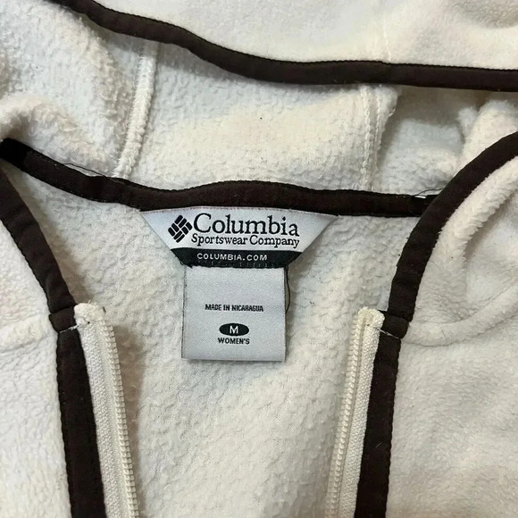 Columbia‎ Vintage Piped Full Zip Fleece Jacket Thermal Womens Ivory Brown Hooded - Picture 3 of 9